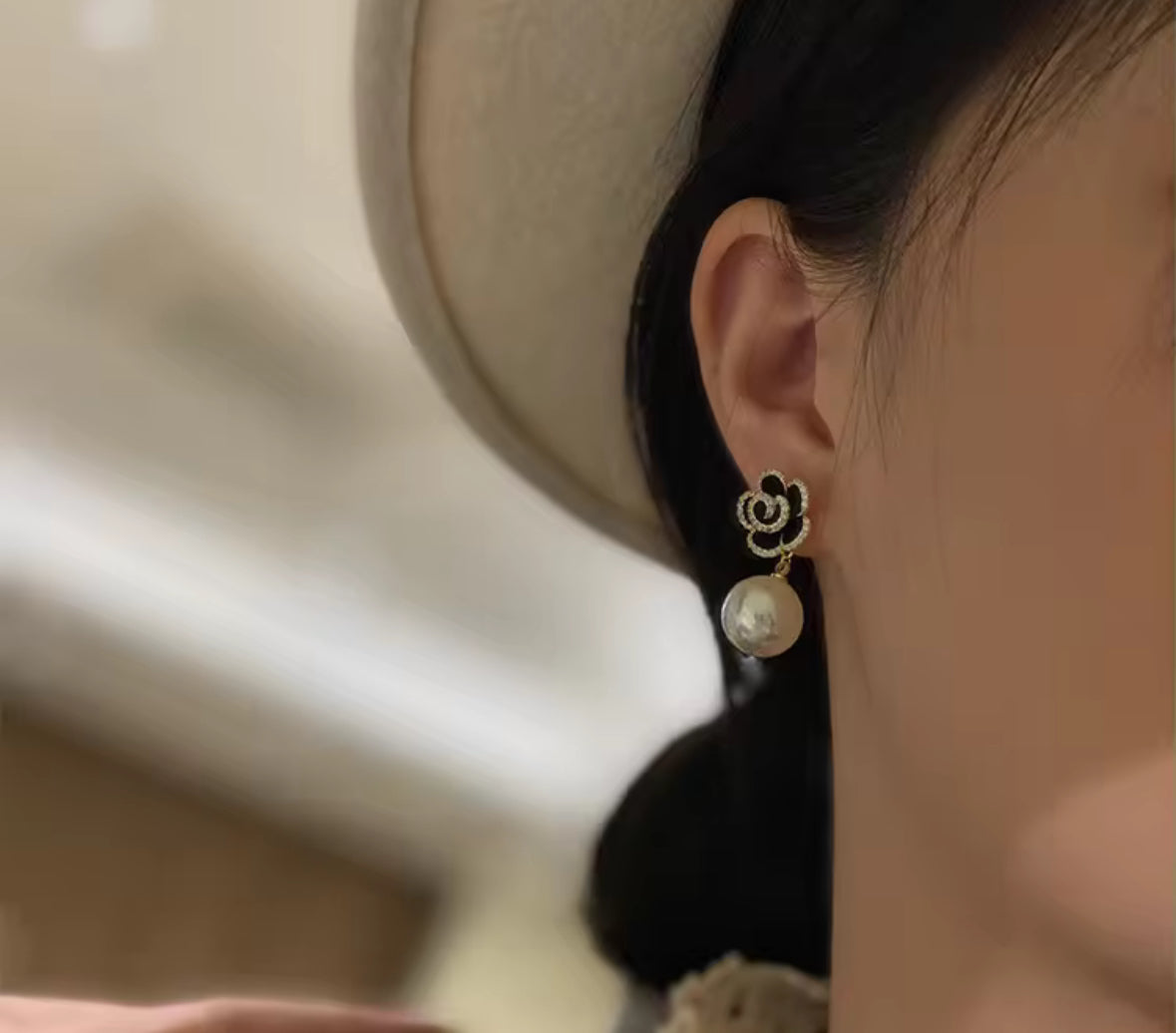 Stones Studded Flower Pearl Dangle Style Korean Push Plugs Drop Earrings