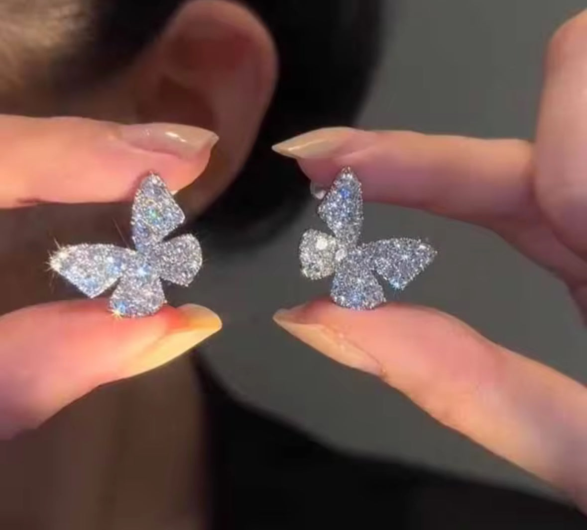 White Stones Studded Butterfly Korean Push Plugs Stud Earrings