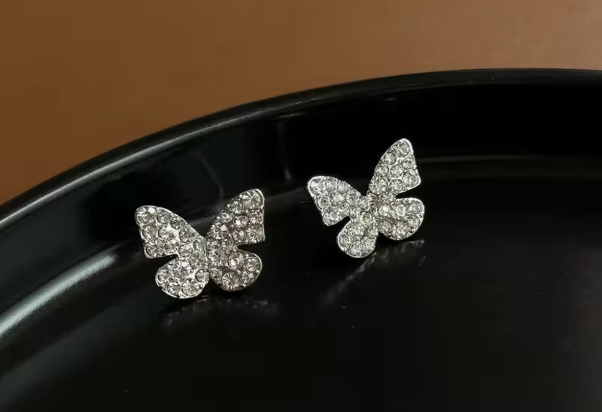 White Stones Studded Butterfly Korean Push Plugs Stud Earrings
