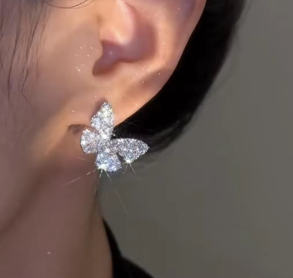 White Stones Studded Butterfly Korean Push Plugs Stud Earrings