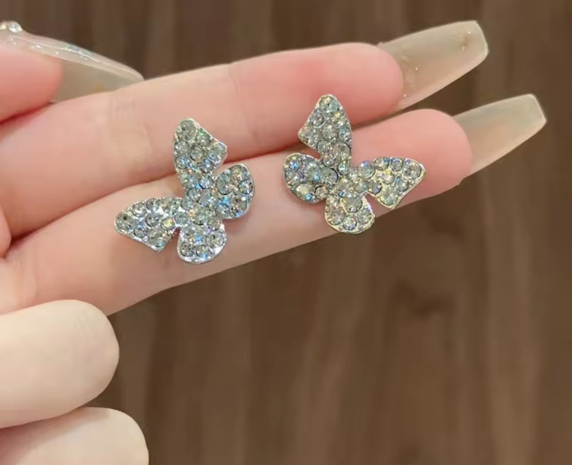 White Stones Studded Butterfly Korean Push Plugs Stud Earrings