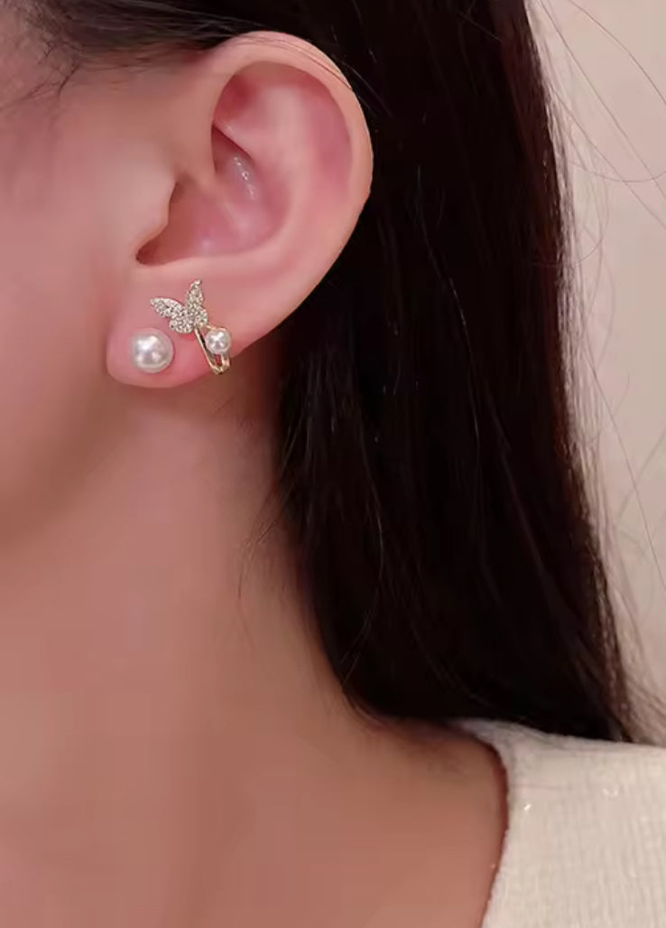 Stones Studded Butterfly Pearl Korean Push Plugs Stud Earrings