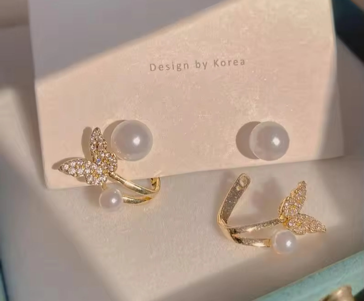 Stones Studded Butterfly Pearl Korean Push Plugs Stud Earrings