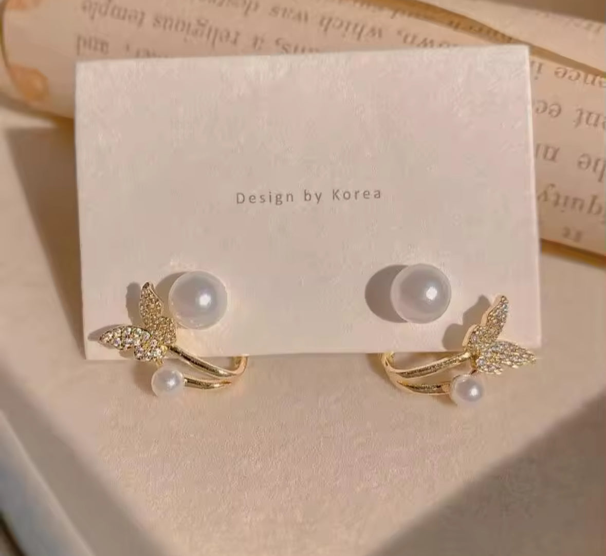 Stones Studded Butterfly Pearl Korean Push Plugs Stud Earrings