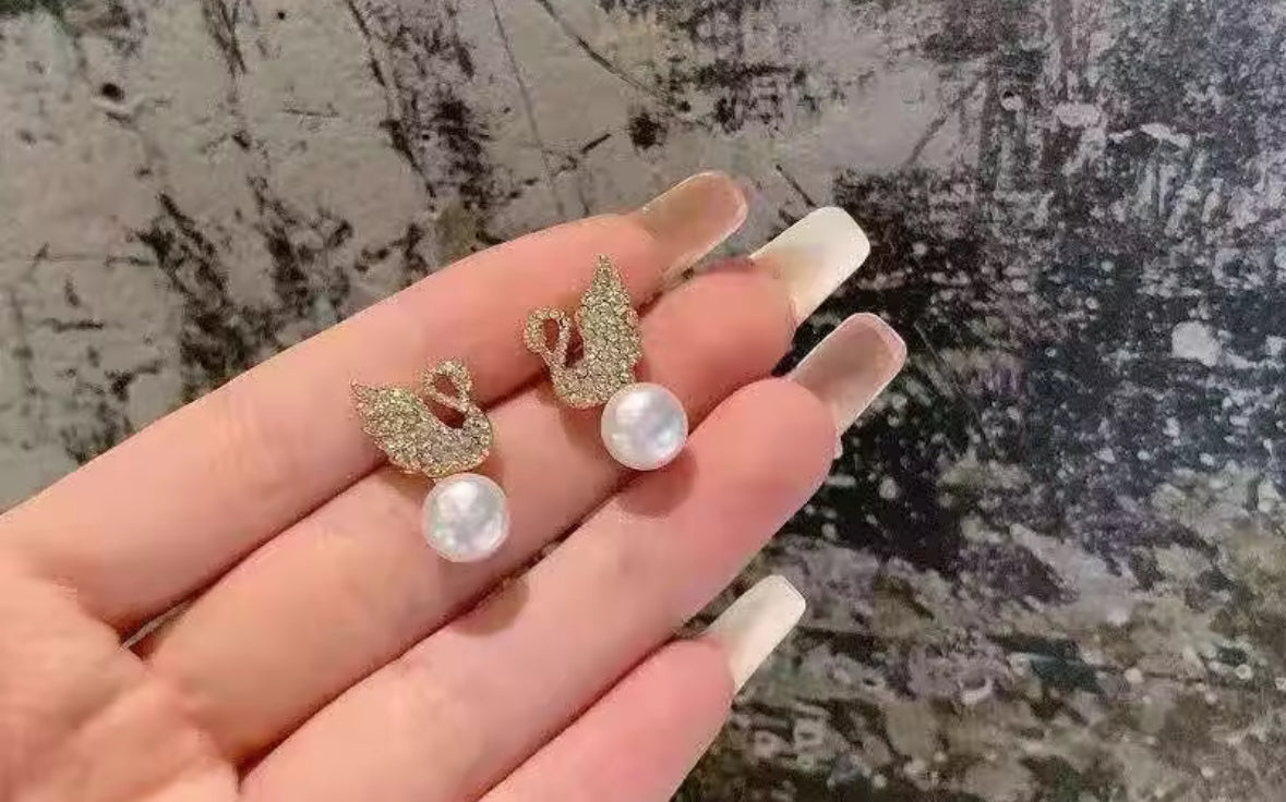 Designer Stones Swan Pearl Studded Minimal Hanging Korean Push Plugs Drop Earrings