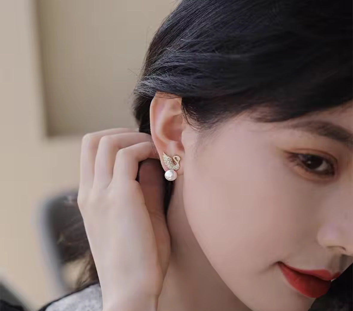 Designer Stones Swan Pearl Studded Minimal Hanging Korean Push Plugs Drop Earrings