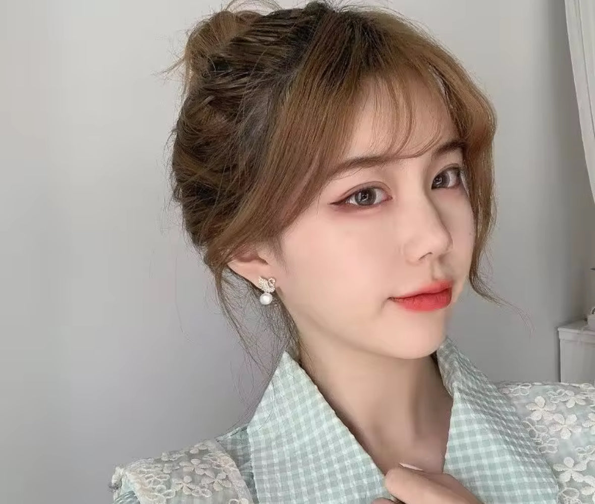 Designer Stones Swan Pearl Studded Minimal Hanging Korean Push Plugs Drop Earrings