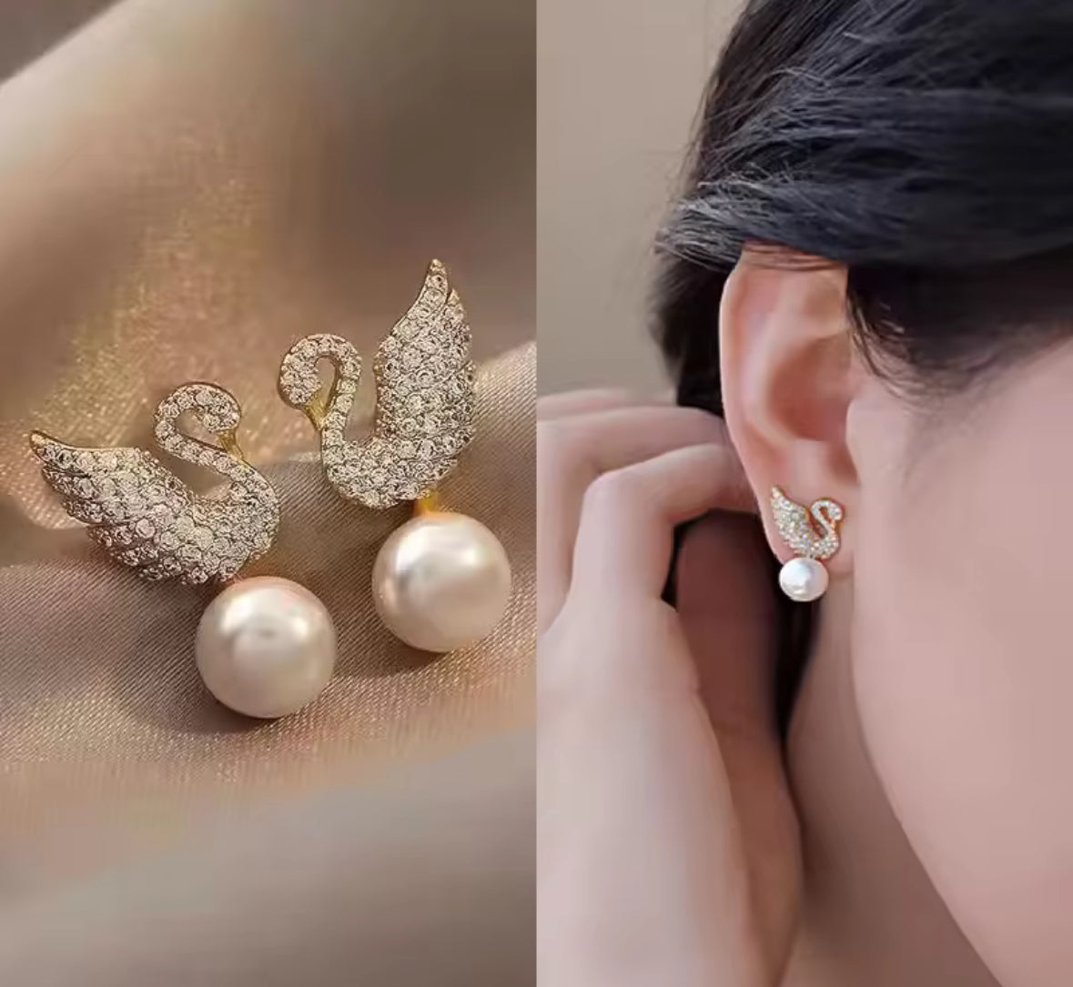 Designer Stones Swan Pearl Studded Minimal Hanging Korean Push Plugs Drop Earrings
