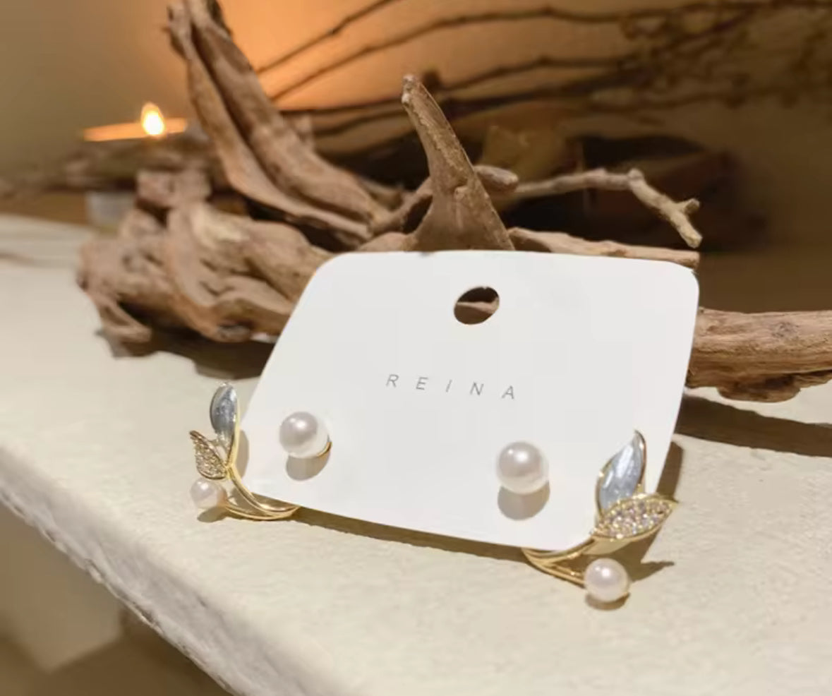 Stones Studded Enamel Style Leaf Hangings Korean Push Plugs Stud Earrings
