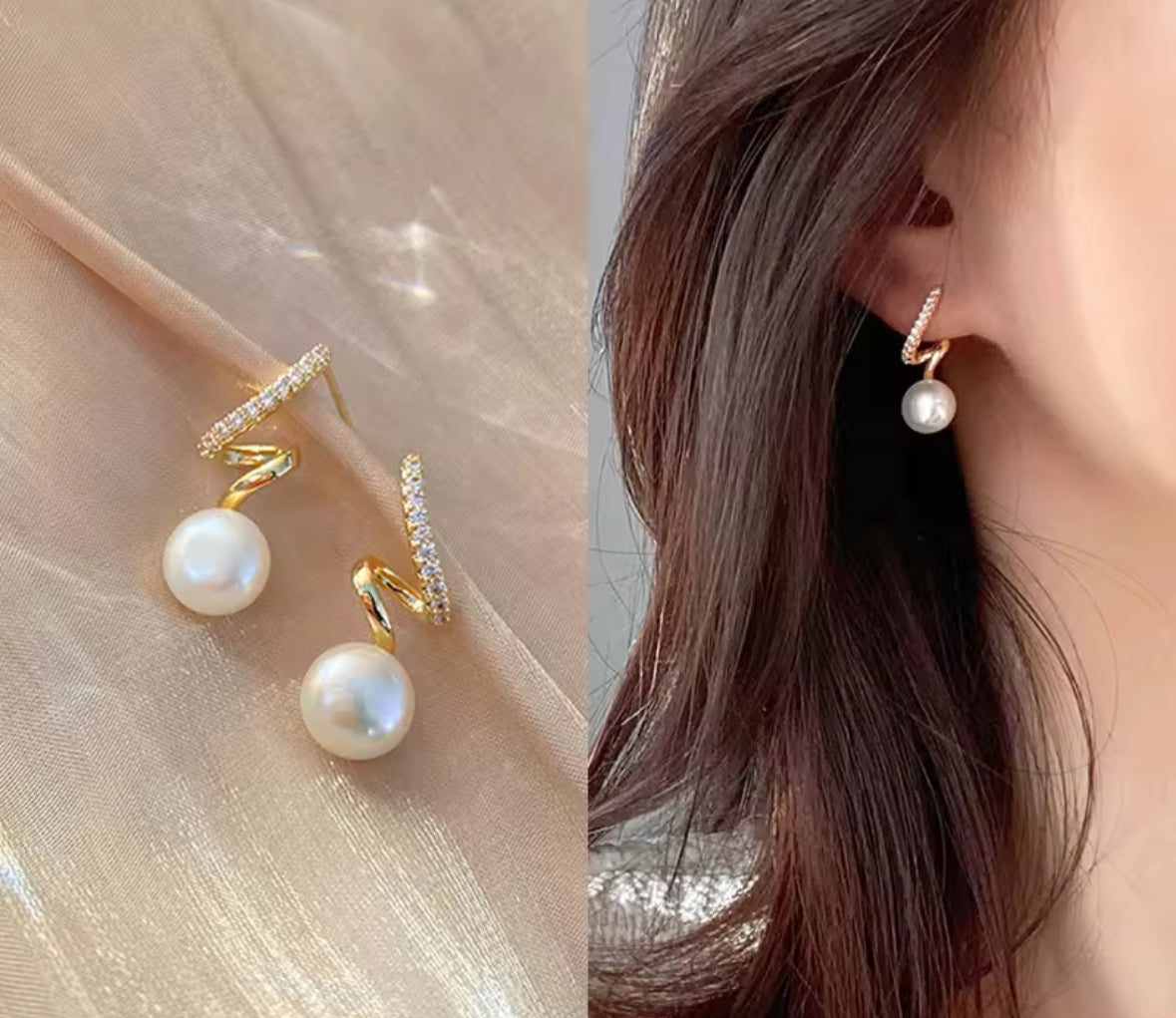 Stones Studded Designer Pearl Hanging Pearl Korean Push Plugs Earrings