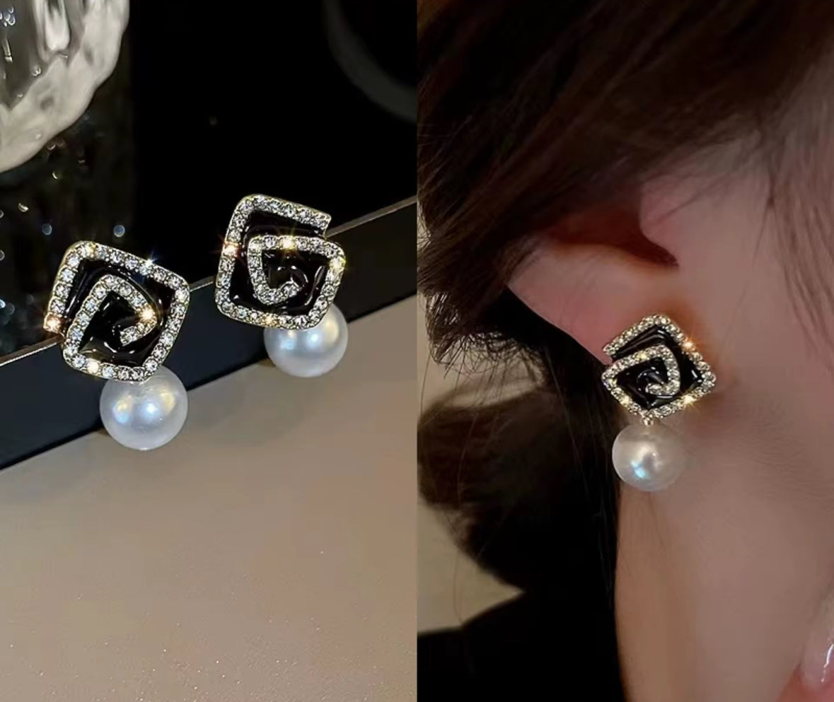 Stones Studded Hangings Pearl Korean Push Plugs Drop Earrings