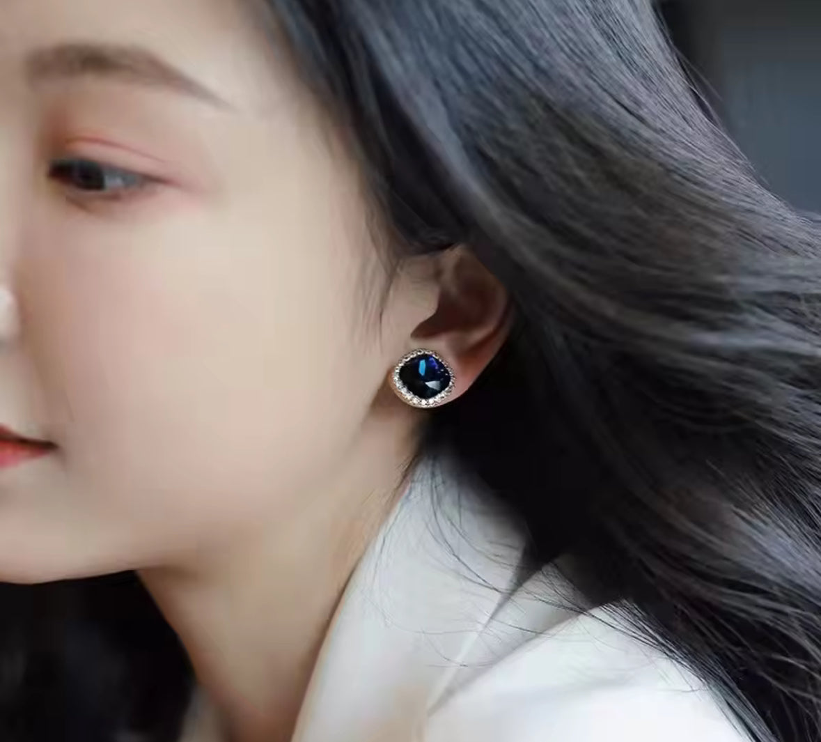 Stones Studded Navy Blue Korean Push Plugs Stud Earrings