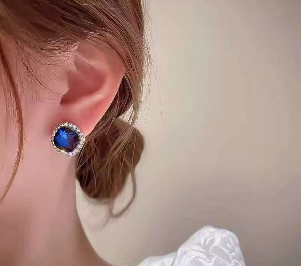 Stones Studded Navy Blue Korean Push Plugs Stud Earrings