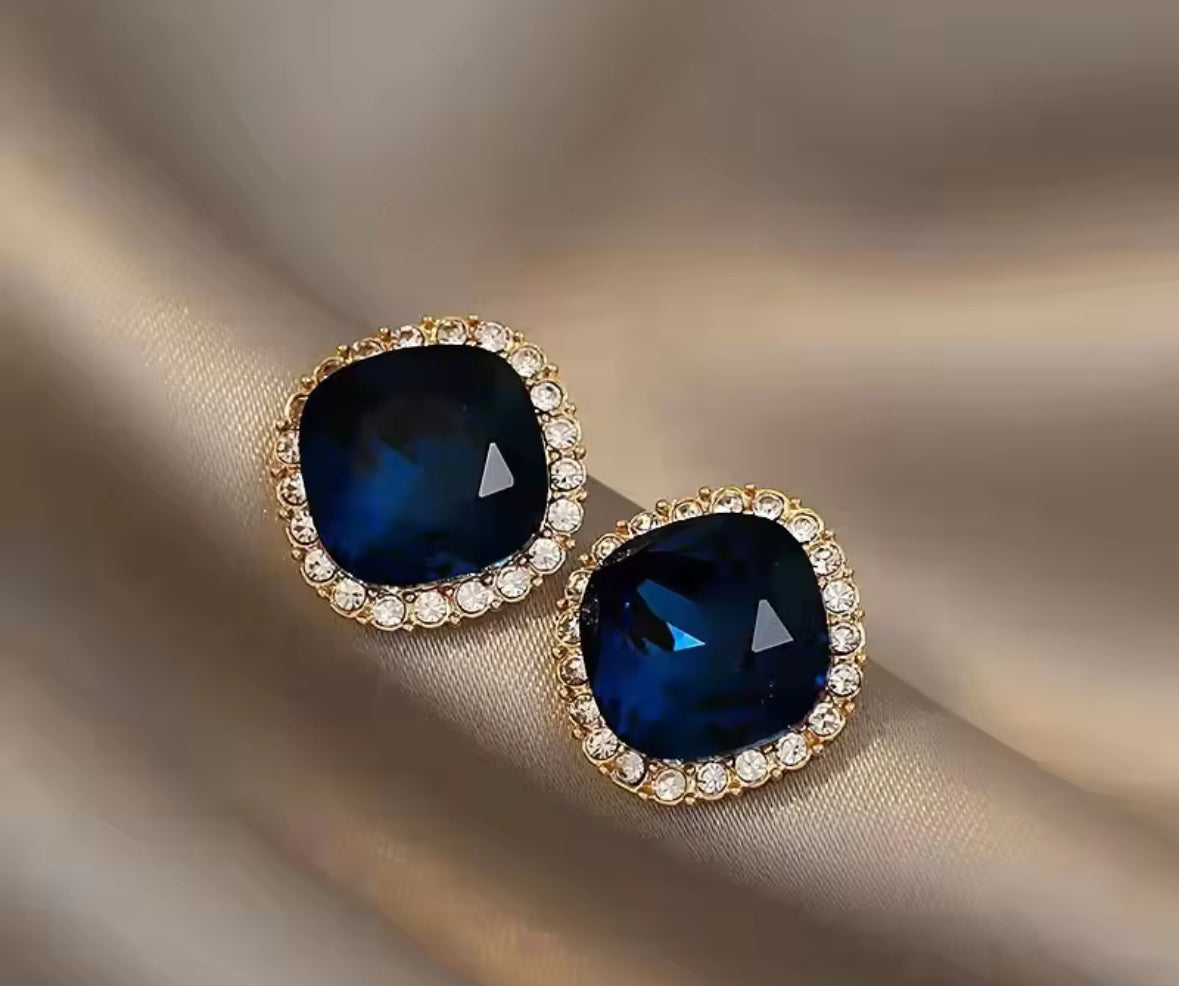 Stones Studded Navy Blue Korean Push Plugs Stud Earrings