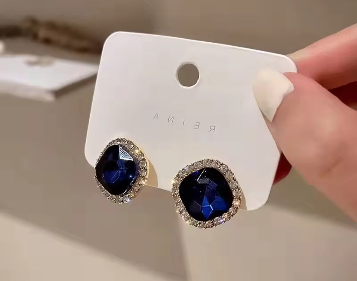 Stones Studded Navy Blue Korean Push Plugs Stud Earrings