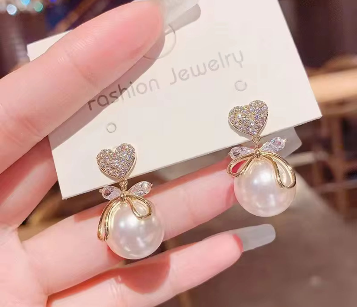 Stones Studded Heart Bow Pearl Hangings Korean Push Plugs Drop Earrings