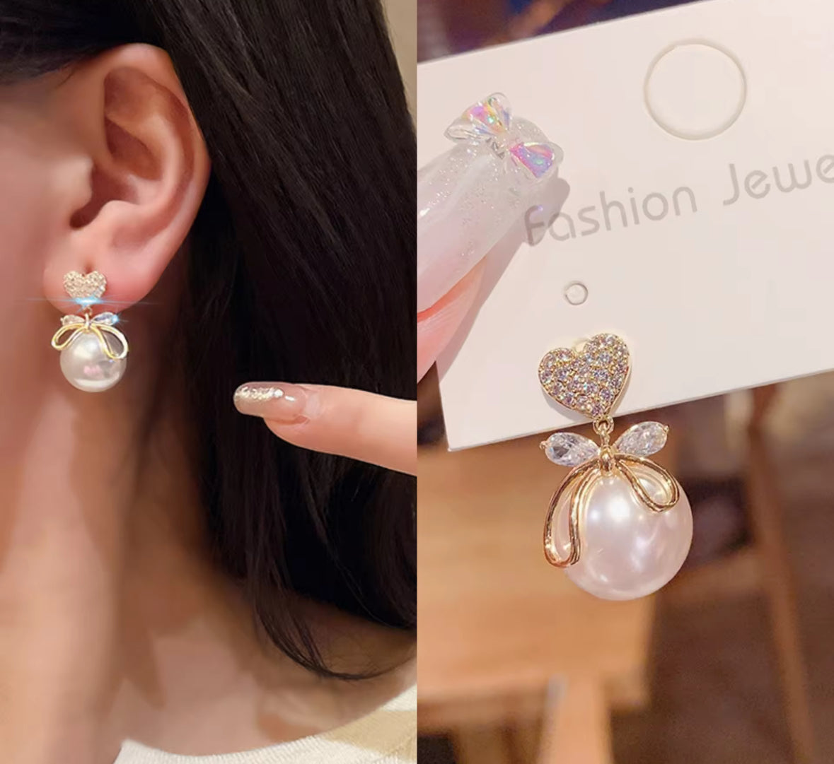 Stones Studded Heart Bow Pearl Hangings Korean Push Plugs Drop Earrings
