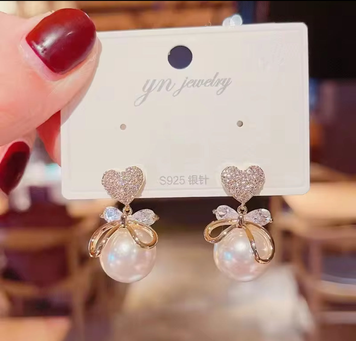 Stones Studded Heart Bow Pearl Hangings Korean Push Plugs Drop Earrings