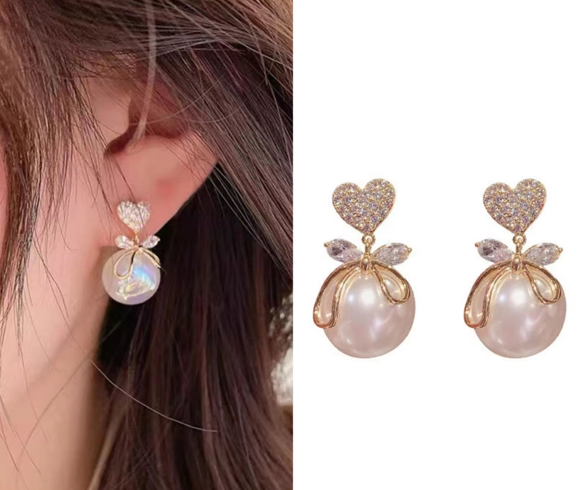 Stones Studded Heart Bow Pearl Hangings Korean Push Plugs Drop Earrings