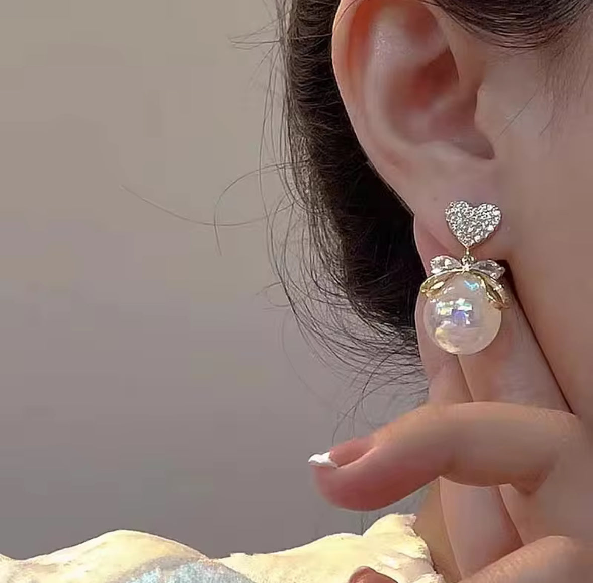 Stones Studded Heart Bow Pearl Hangings Korean Push Plugs Drop Earrings