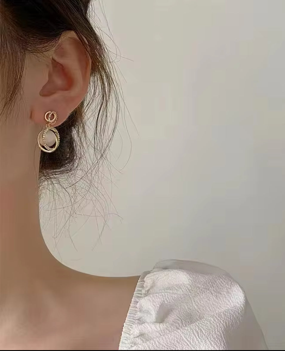 Stones Studded Dangle Style Korean Push Plugs Stud Earrings