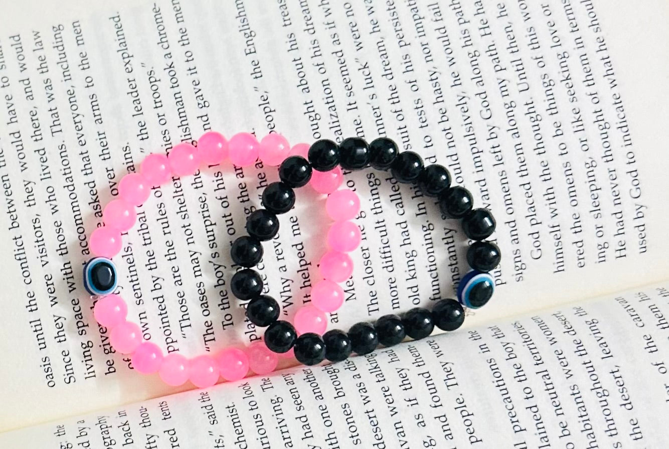 Pink and Black Evil Eye Bead Adjustable Unisex Hand Bracelet