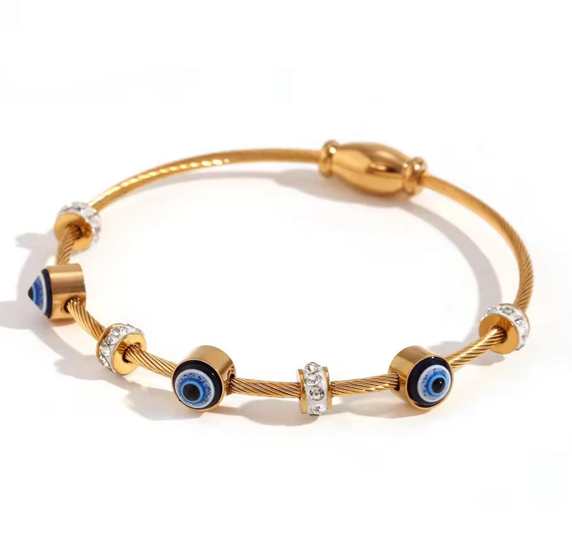 Golden Evil Eye Bracelet – Adjustable Cable Bangle with Crystal Accents
