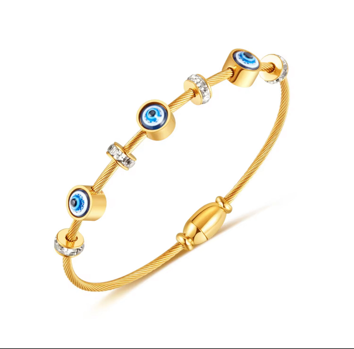 Golden Evil Eye Bracelet – Adjustable Cable Bangle with Crystal Accents