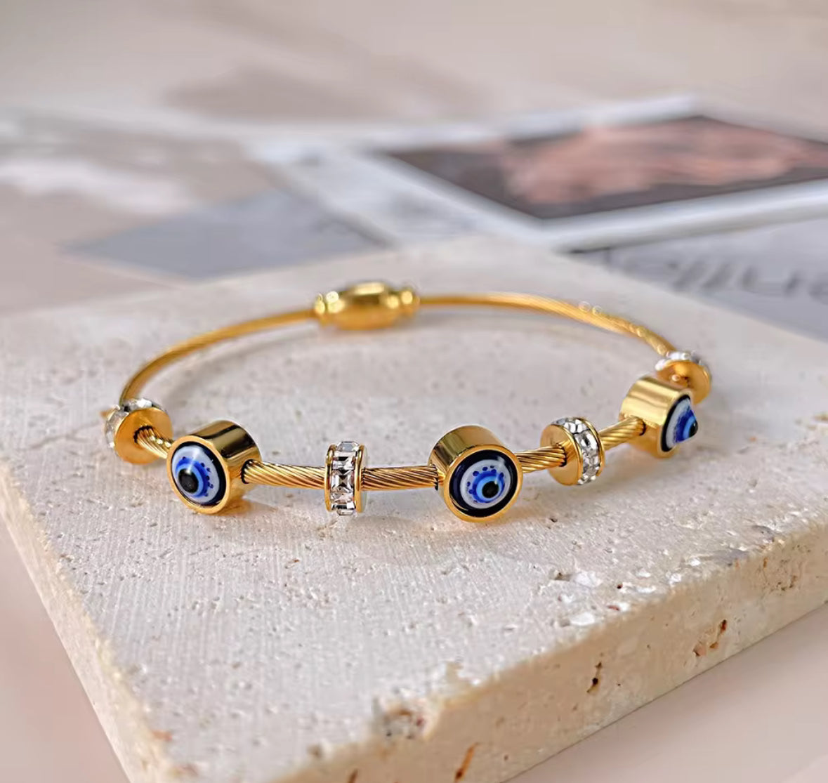 Golden Evil Eye Bracelet – Adjustable Cable Bangle with Crystal Accents