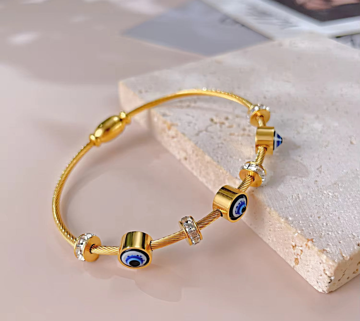 Golden Evil Eye Bracelet – Adjustable Cable Bangle with Crystal Accents