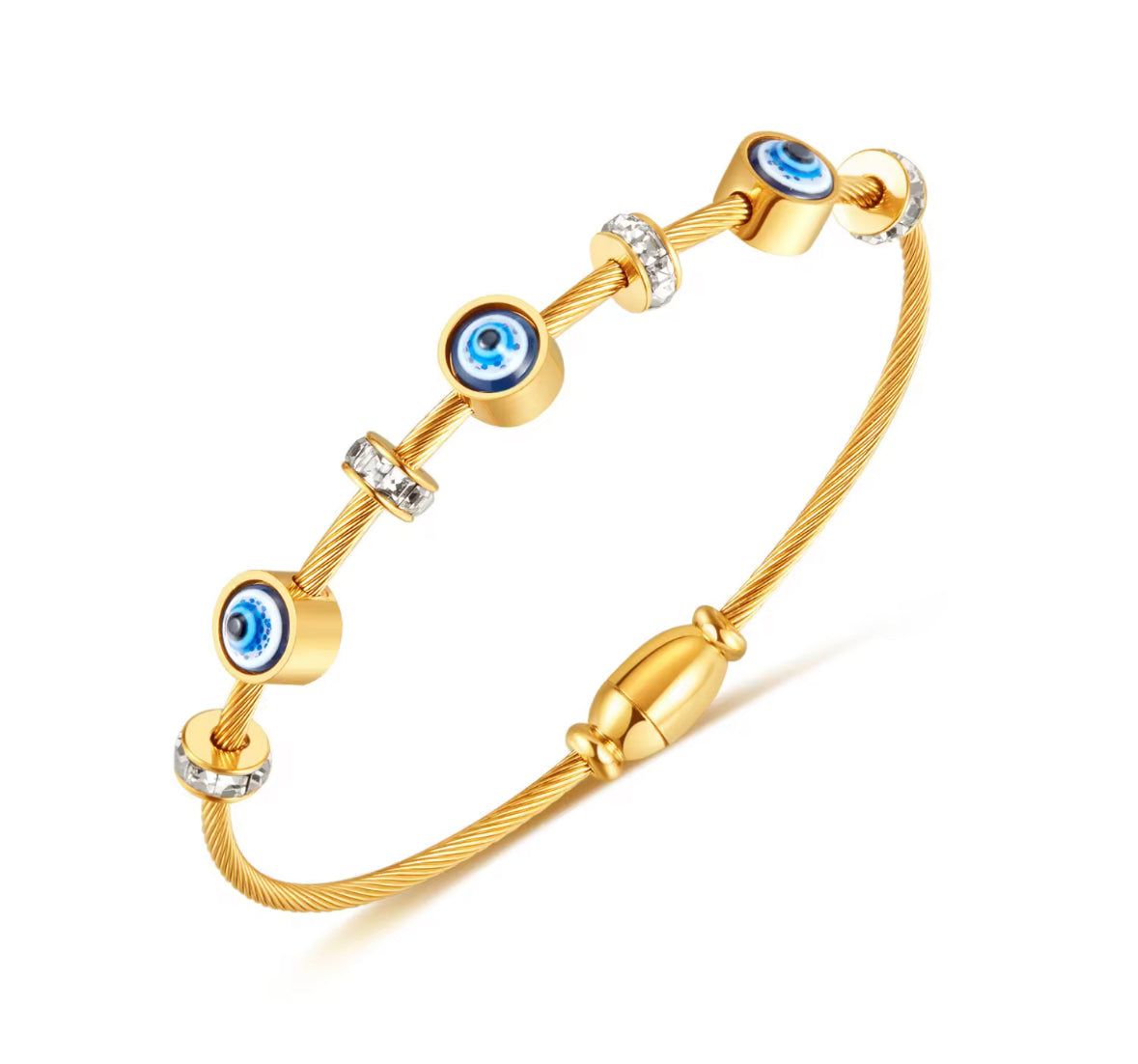 Golden Evil Eye Bracelet – Adjustable Cable Bangle with Crystal Accents