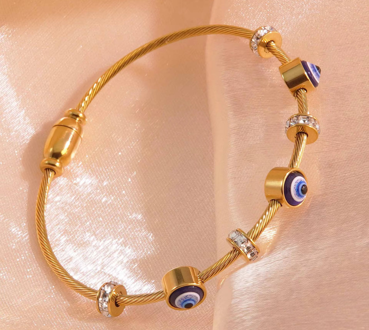 Golden Evil Eye Bracelet – Adjustable Cable Bangle with Crystal Accents