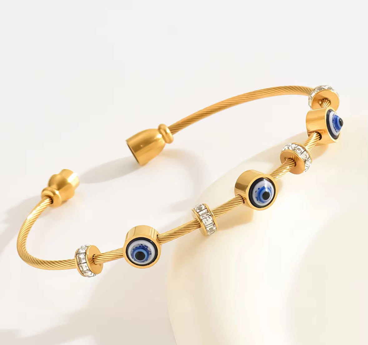 Golden Evil Eye Bracelet – Adjustable Cable Bangle with Crystal Accents