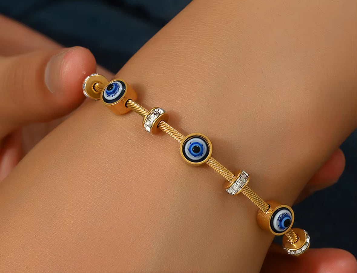 Golden Evil Eye Bracelet – Adjustable Cable Bangle with Crystal Accents