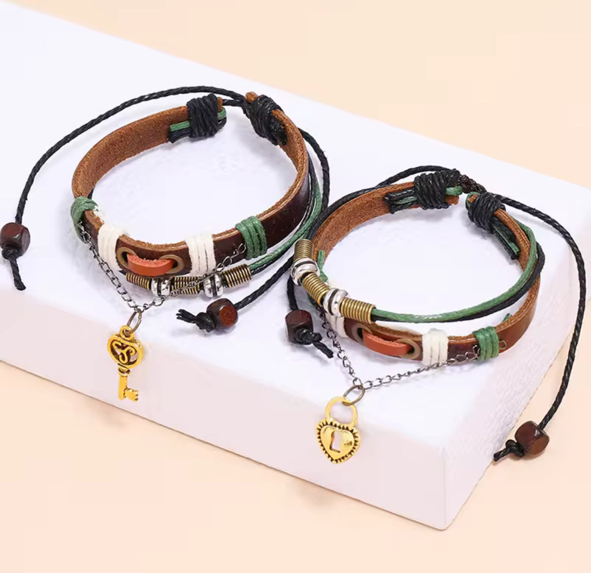 Couple’s Love Bracelet Set with Key & Lock Charms – Boho Vintage Style