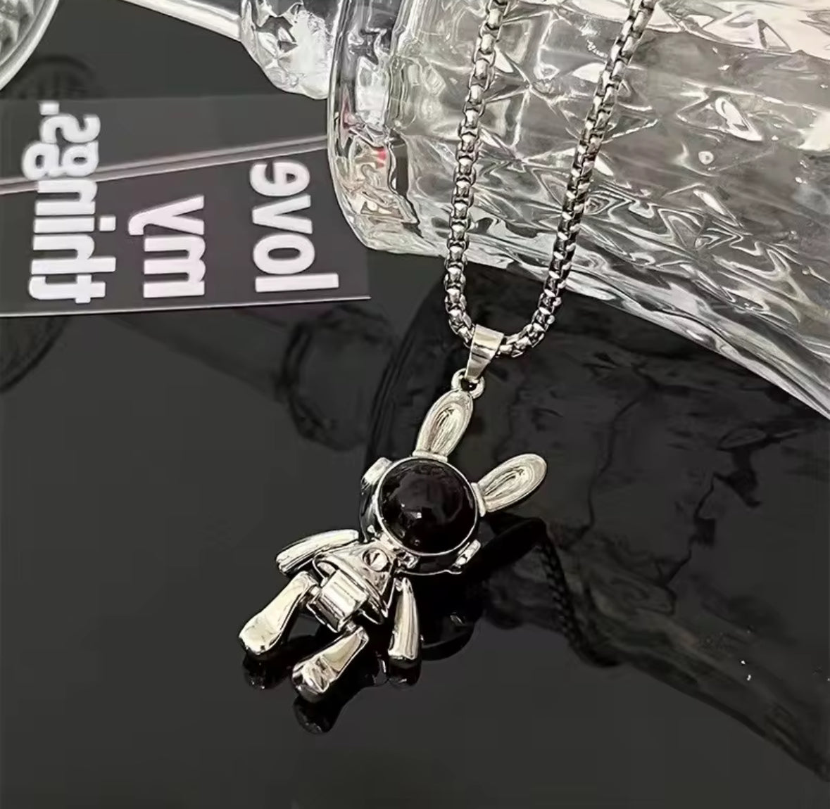 Silver and Black Bunny Pendant Necklace – Gothic Streetwear Jewelry
