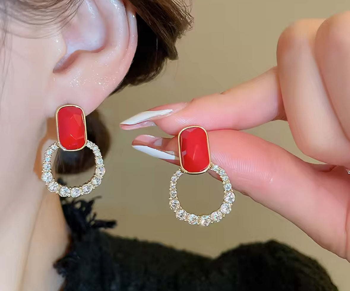 Red Stone AD Stones Studded Korean Imitation Earrings – Chic & Affordable Styles