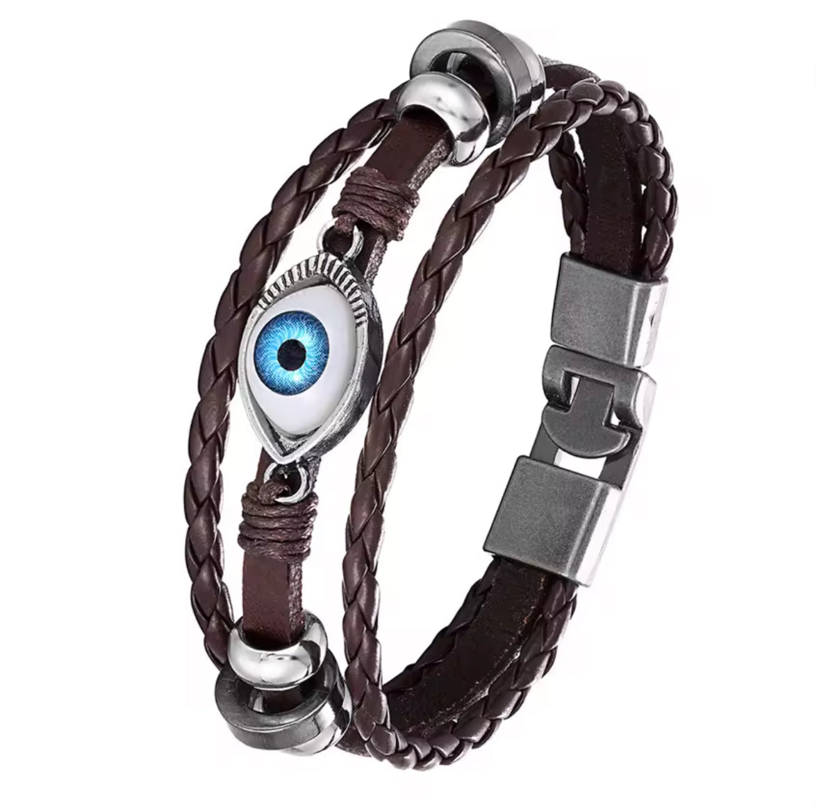 Men’s Black Leather Evil Eye Bracelet – Protection Wristband