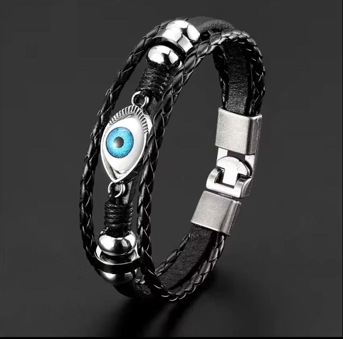 Men’s Black Leather Evil Eye Bracelet – Protection Wristband
