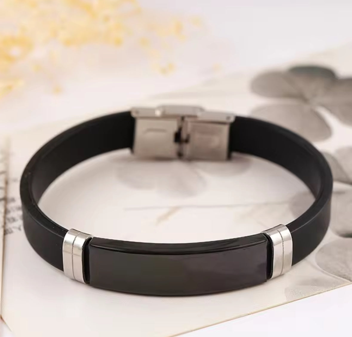 Men’s Silicone Bracelet with Silver Stainless Steel Plate – Sleek & Durable