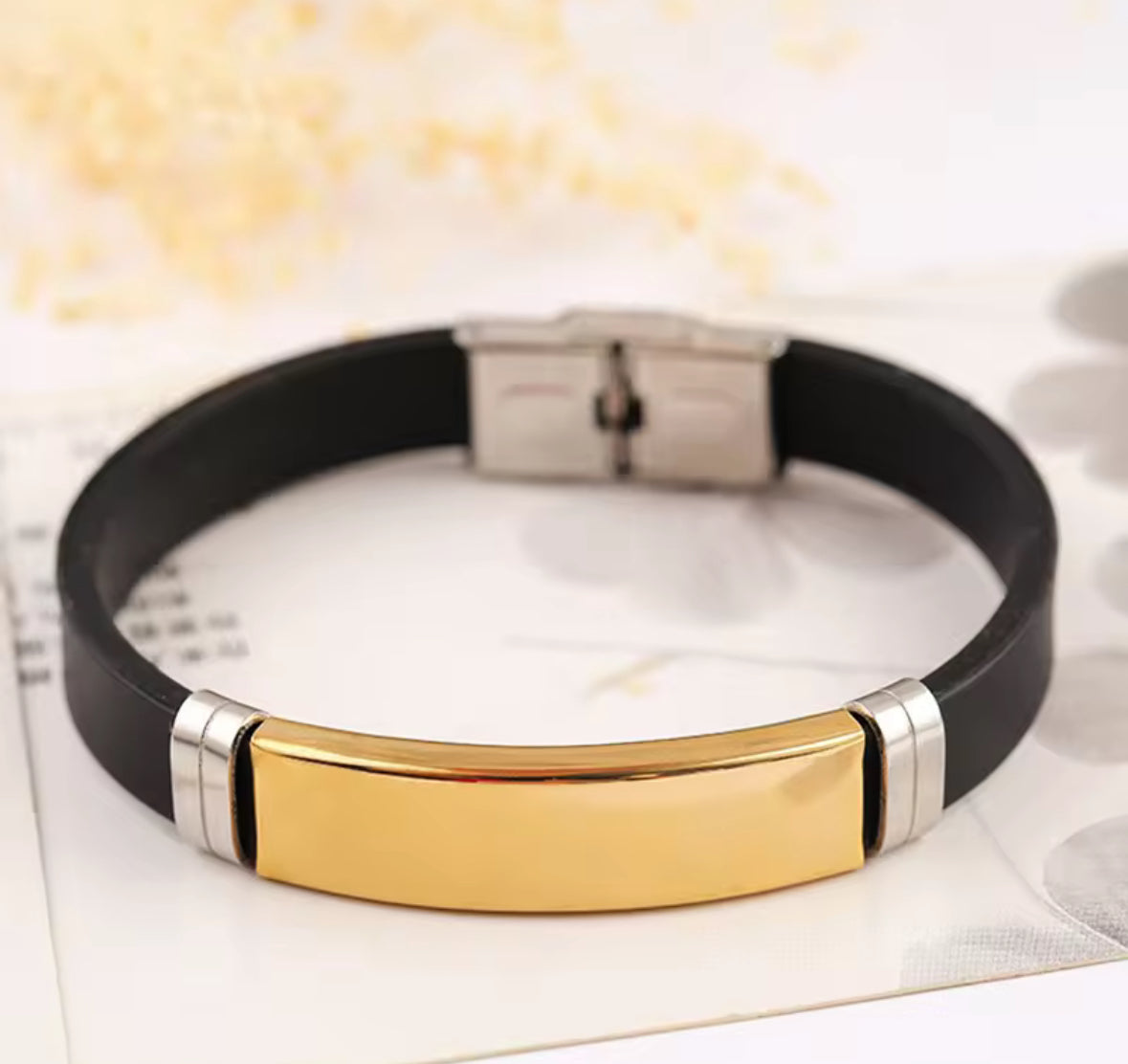 Men’s Silicone Bracelet with Silver Stainless Steel Plate – Sleek & Durable
