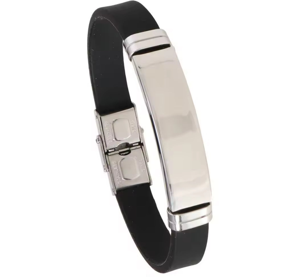 Men’s Silicone Bracelet with Silver Stainless Steel Plate – Sleek & Durable