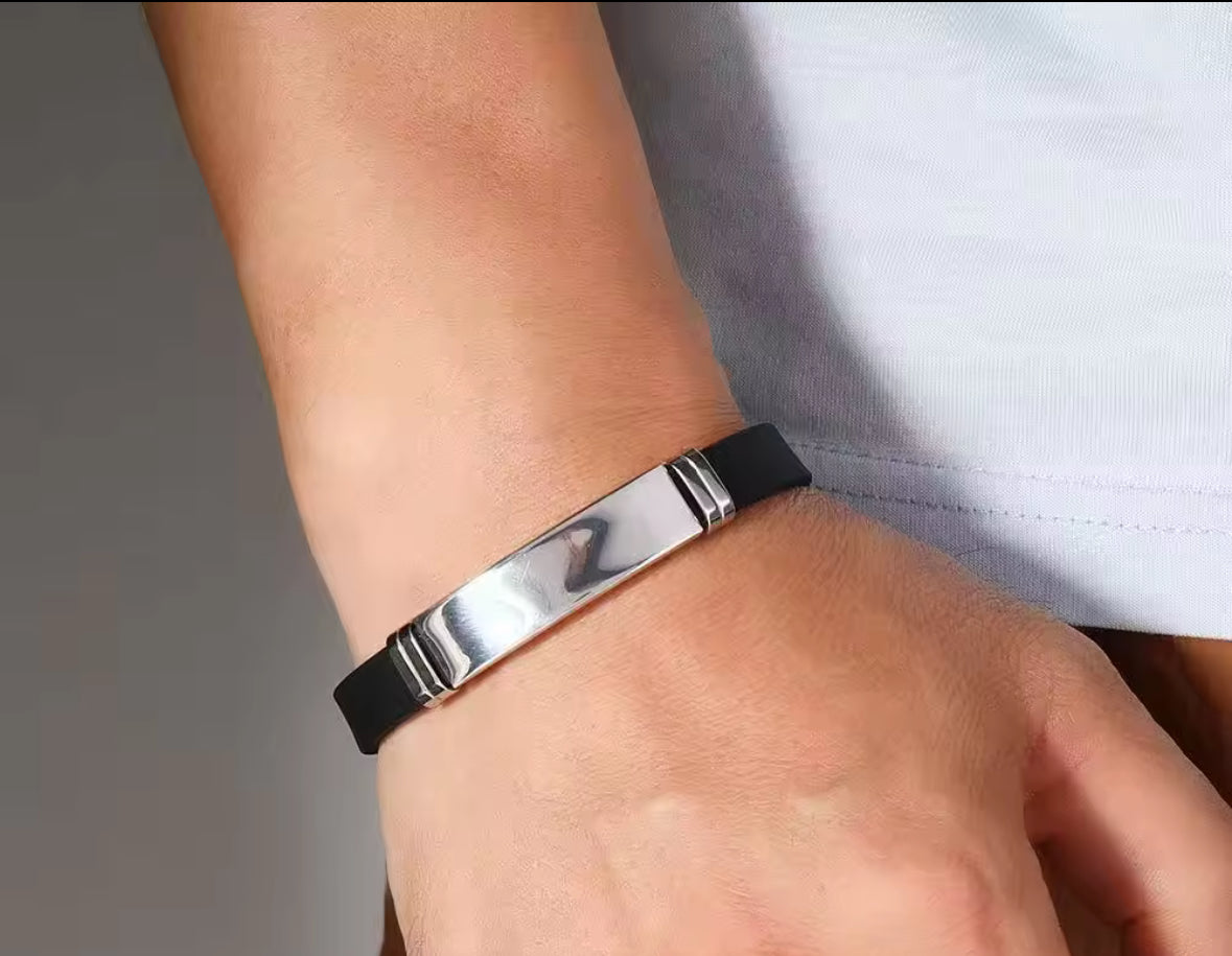 Men’s Silicone Bracelet with Silver Stainless Steel Plate – Sleek & Durable