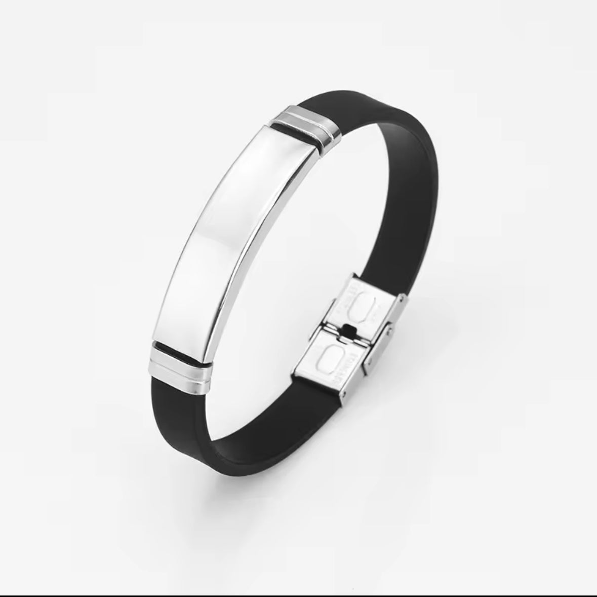 Men’s Silicone Bracelet with Silver Stainless Steel Plate – Sleek & Durable