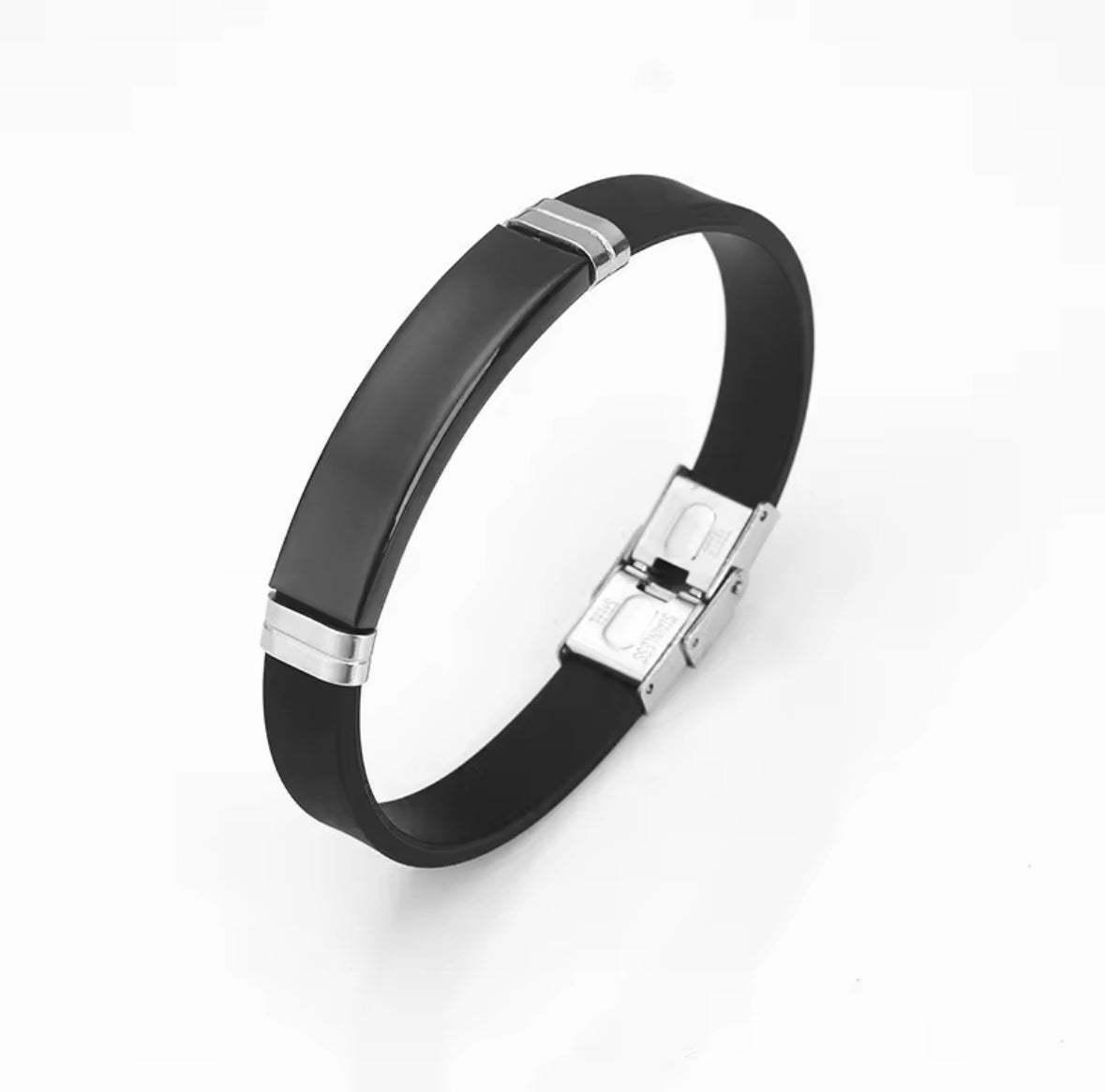 Men’s Silicone Bracelet with Silver Stainless Steel Plate – Sleek & Durable