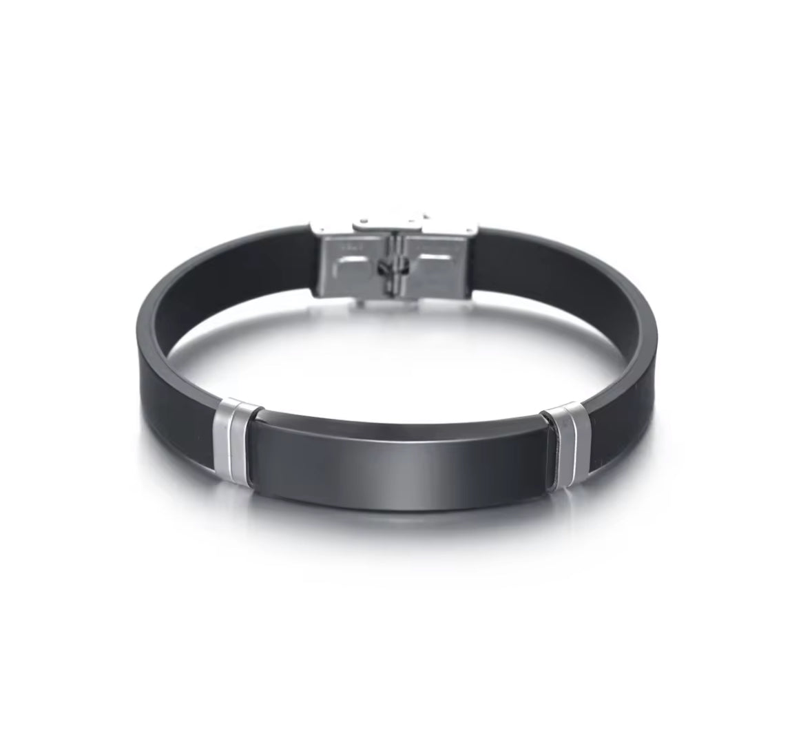 Men’s Silicone Bracelet with Silver Stainless Steel Plate – Sleek & Durable