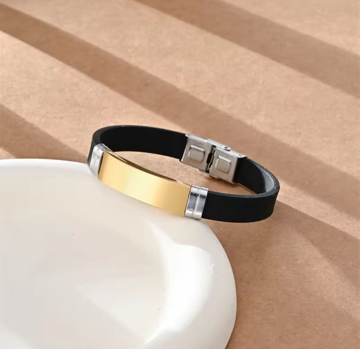 Men’s Silicone Bracelet with Silver Stainless Steel Plate – Sleek & Durable