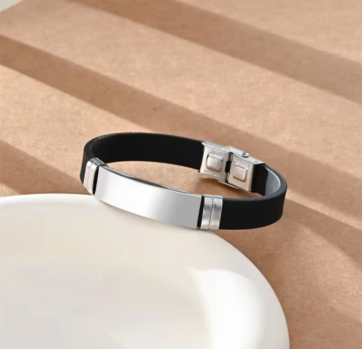 Men’s Silicone Bracelet with Silver Stainless Steel Plate – Sleek & Durable