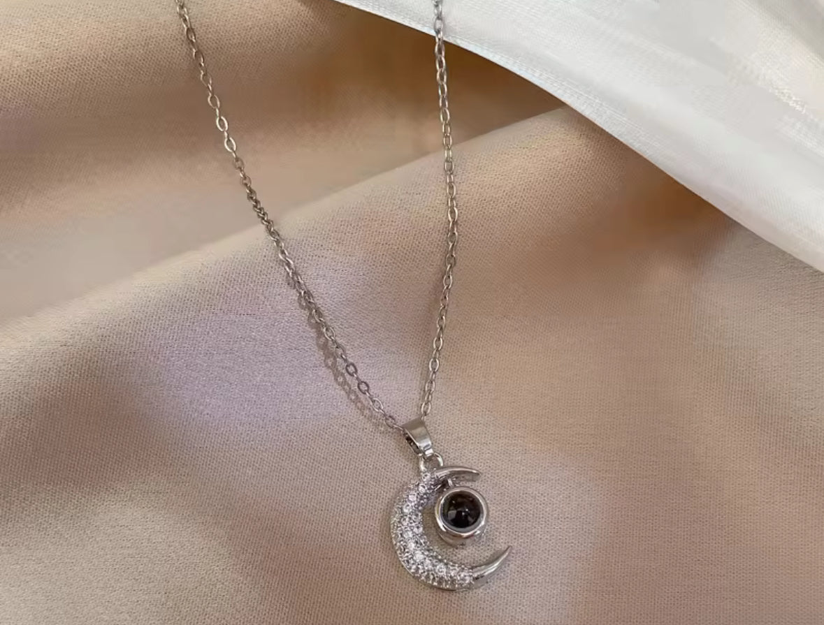 Silver Crescent Moon Necklace with Love Written in 100 Languages – Dainty Celestial Pendant for Women | Elegant Moon & Star Jewelry Gift