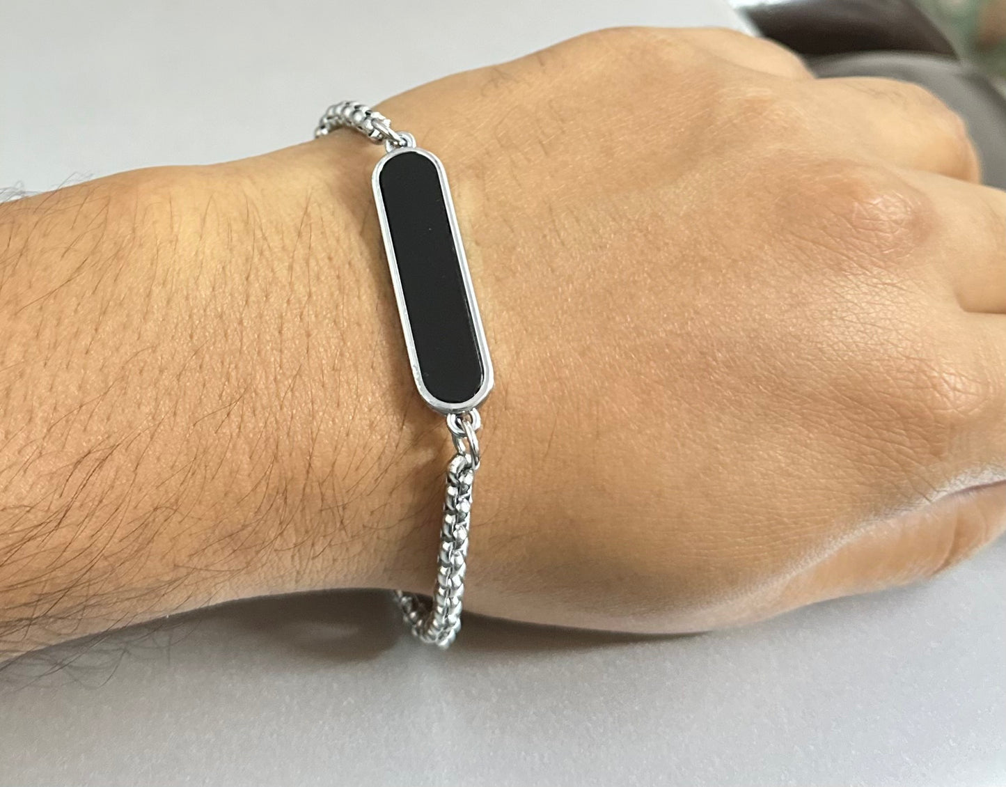 Premium Black Glass Bar Style Boys Wristband Bracelet